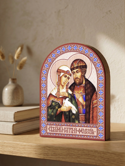 Икона аркой Петр и Феврония (с голубем), блг.князья на дереве: 95 х 120 (Синопсисъ)