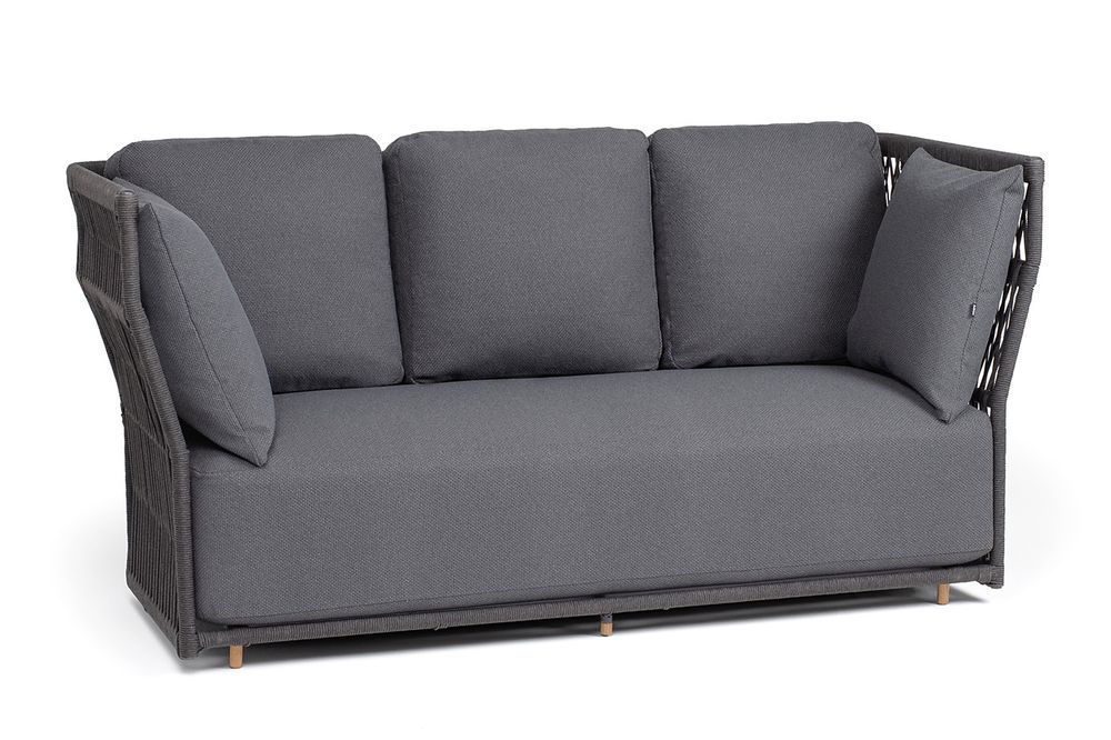 "Лугано" диван 3-местный плетеный из роупа, каркас алюминий темно-серый (RAL7024) муар, роуп темно-серый круглый, ткань темно-серая YB25-0027