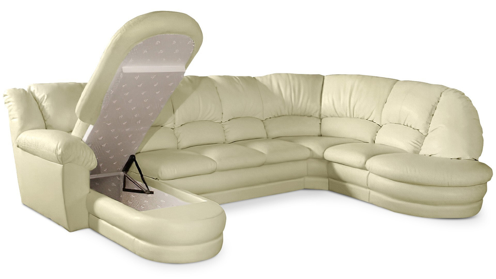Большой диван Оберон с круглой секцией и оттоманкой Galaxy Milk 358*222*102 см, Бежевый Экокожа Нераскладной Фиеста