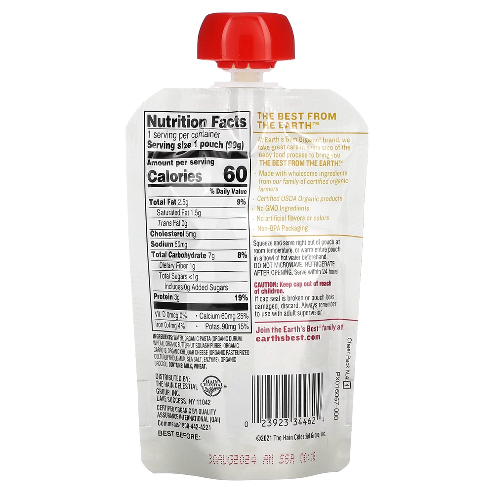 Earth's Best, органическое пюре из домашней еды, для детей от 9 месяцев, паста с сыром и овощами, 99 г (3,5 унции)