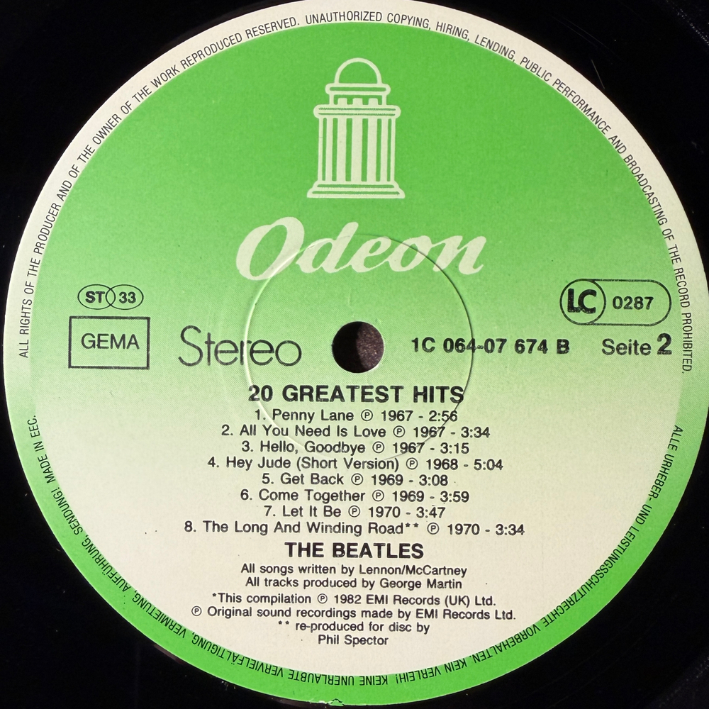The Beatles ‎– 20 Greatest Hits (Германия 1982г.)