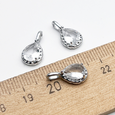 Подвеска Капля, цвет серебро (родий) + прозрачный, размер 15*8 мм, цена за 1 шт