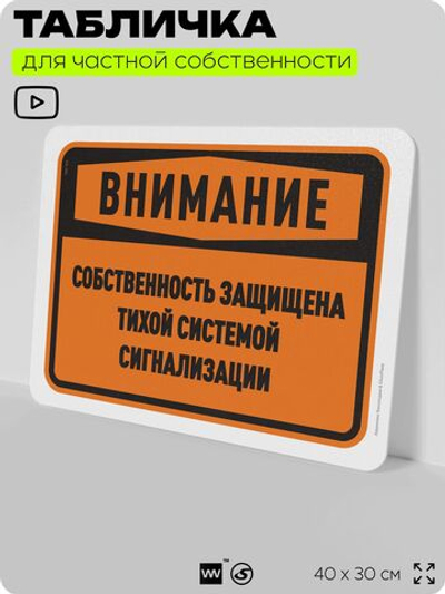 Табличка для частной территории "Внимание, собственность защищена системой сигнализации", на дом, для участка, организаций и частных территорий, 40х30 см, Silver Plane x Айдентика Технолоджи