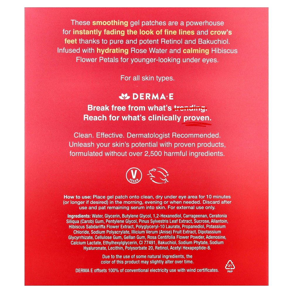DERMA E, Разглаживающие гидрогелевые патчи с ретинолом, для всех типов кожи, 5 шт.