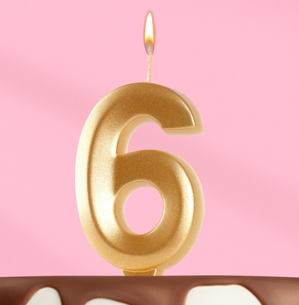 Свеча цифра "6" , золото, 6,5 см