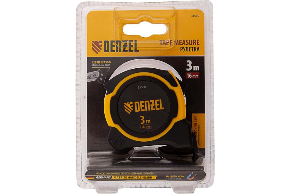 Рулетка Denzel 3 м, 16 мм, двухкомпонентный корпус, магнитный обрезиненный зацеп 31530