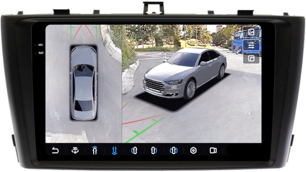 Магнитола для Toyota Avensis T270 2008-2015 (рамка черная) - FarCar BX9-360-8010B монитор 9.5" 2K QLED на Android 13, 6Гб+128Гб, CarPlay, 4G SIM-слот, 4 камеры в комплекте