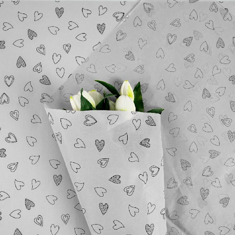 Бумага тишью "Разные сердца" 49*69см Черные на сером (20л)