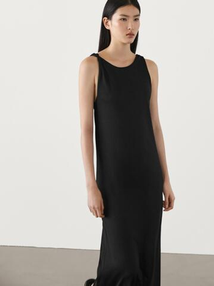 Massimo Dutti ПЛАТЬЕ МИДИ НА БРЕТЕЛЯХ С УЗЛАМИ, ЧЕРНЫЙ