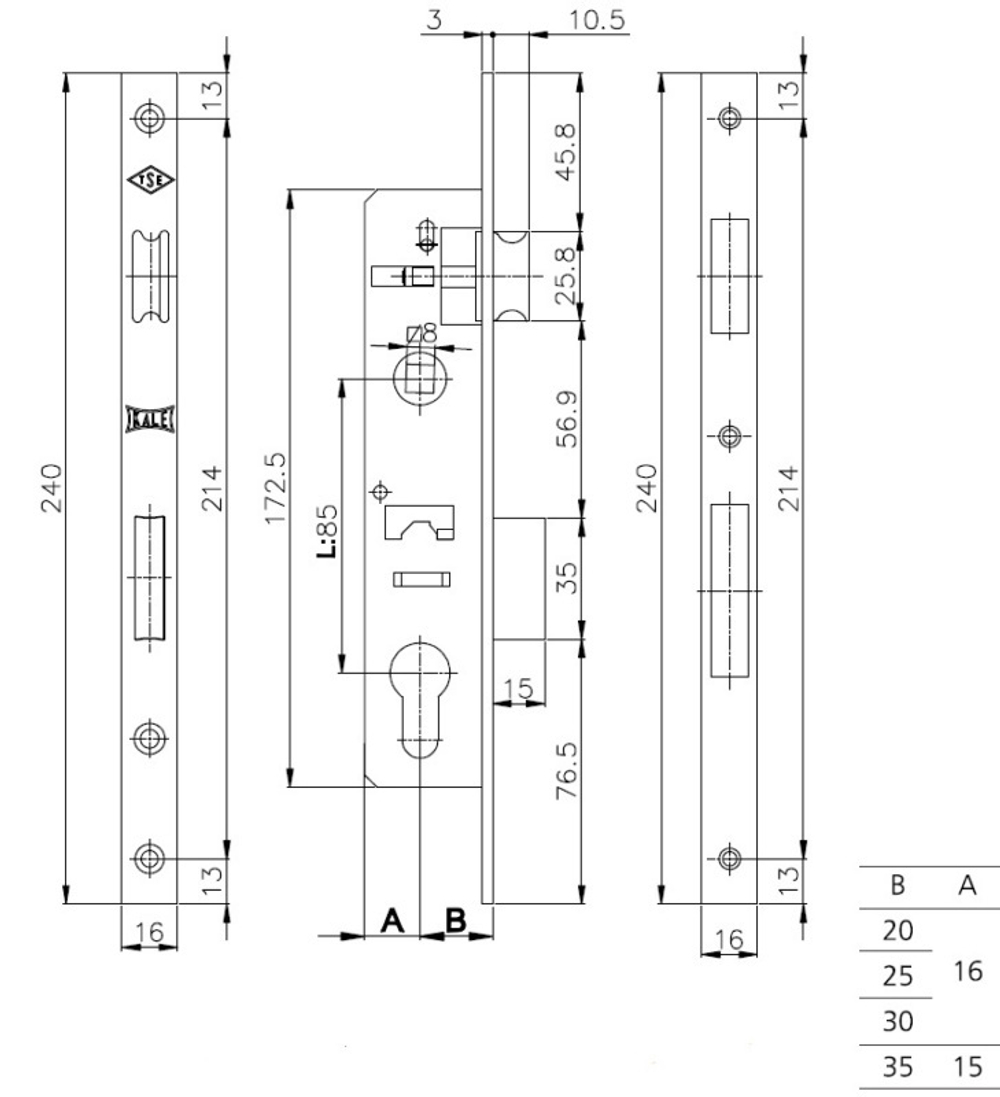 Замок KALE 153/P 35мм никель врезной w\b (корпус)