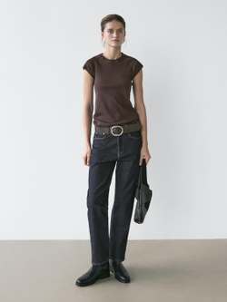 Massimo Dutti Хлопковая футболка с короткими рукавами, коричневый