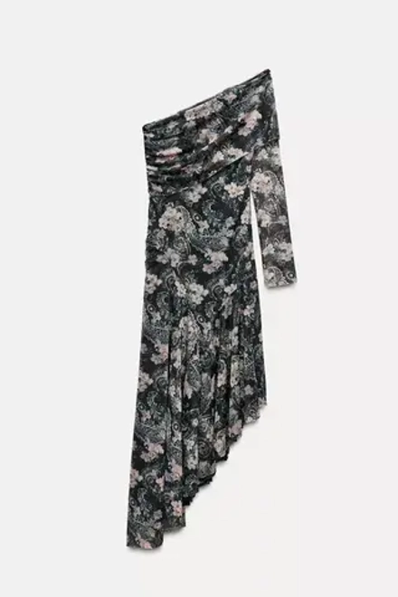 ZARA ПЛАТЬЕ АСИММЕТРИЧНОГО КРОЯ ИЗ ПОЛУПРОЗРАЧНОЙ ТКАНИ С ПРИНТОМ, ЧЕРНЫЙ/ПЕСОЧНЫЙ
