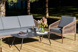 "Канны" лаунж-зона 5-местная из роупа со столом "Верона" (серый гранит), каркас алюминиевый коричневый, роуп коричневый