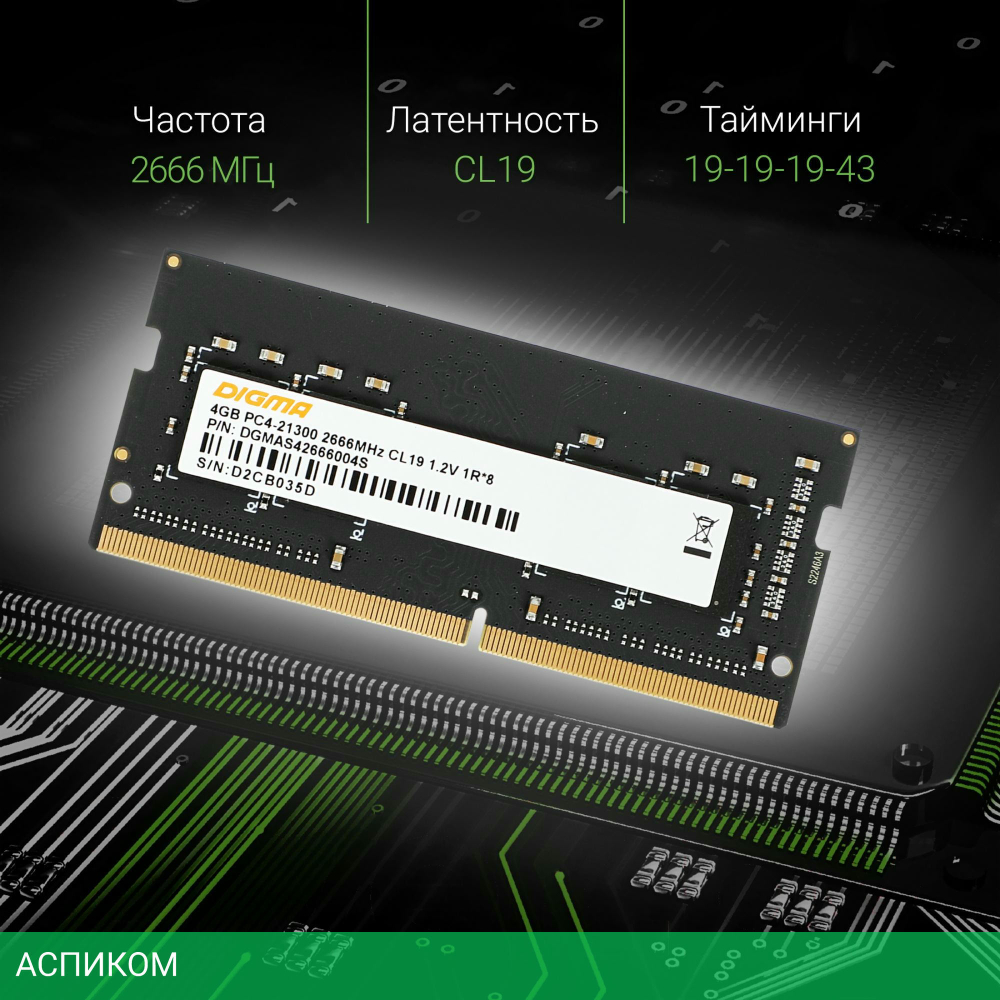 Оперативная память Digma DDR4 4Gb 2666MHz (DGMAS42666004S)