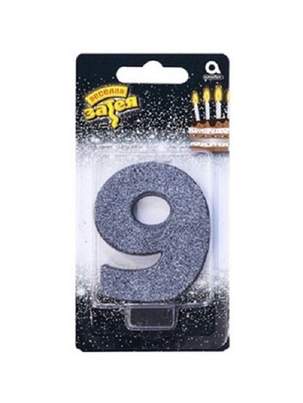 Свеча -цифра "9" Черная глиттер 8см/A
