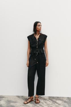 ZARA ТОП В СТИЛЕ САФАРИ С ПОЯСОМ ИЗ ЛЬНА, ЧЕРНЫЙ