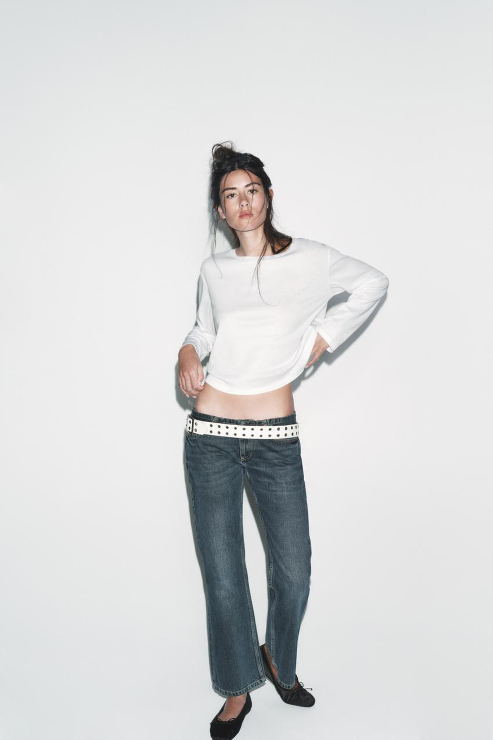 ZARA ФУТБОЛКА С ВЫРЕЗОМ «ЛОДОЧКА» И ДЛИННЫМИ РУКАВАМИ, БЕЛЫЙ