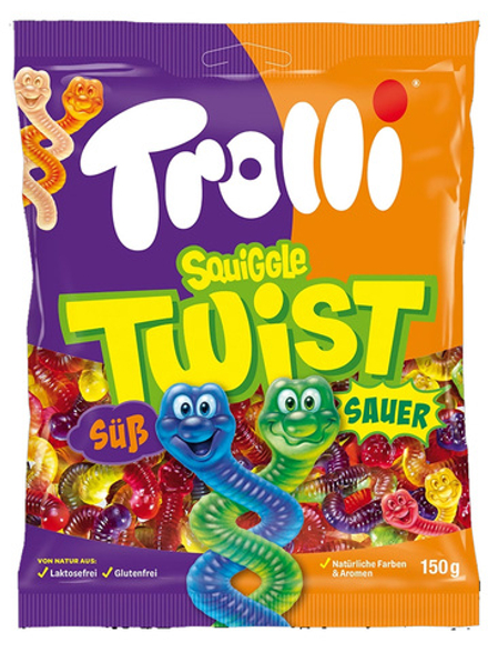 Немецкий мармелад Trolli Squiggle Twist "Переплетенных червячки" 150 г., три сладких и кислых двойных фруктовых вкуса: лимон-клубника, яблоко-черника и апельсин-ананас