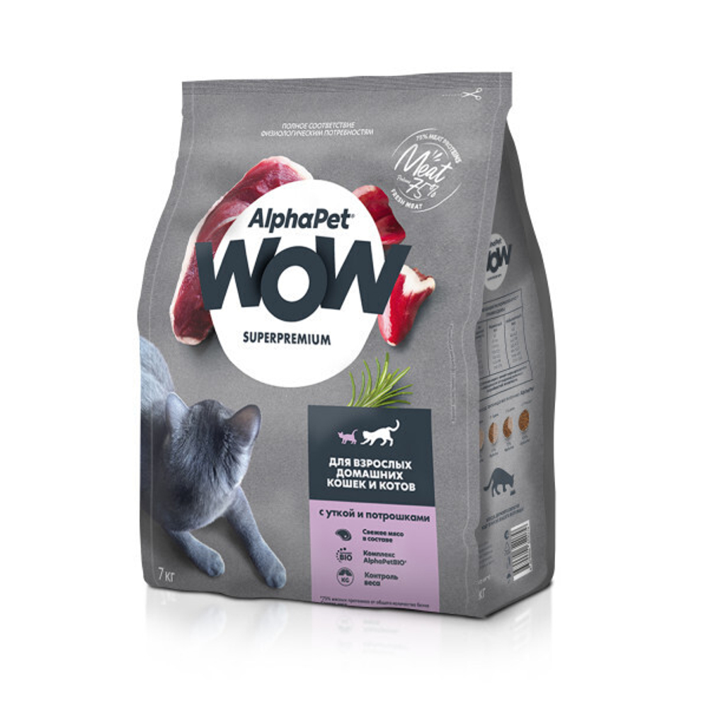Сухой корм для взрослых кошек с уткой и потрохами, 7кг AlphaPet WOW Superpremium