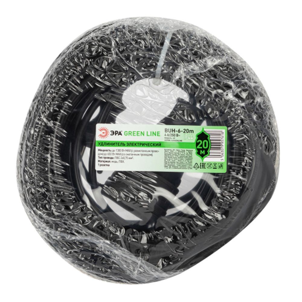 Удлинитель силовой ЭРА GREEN LINE BUH-6-20m Greenline в бухте 1 розетка без заземления 20м ПВС 2x0.75мм2 | Силовые удлинители