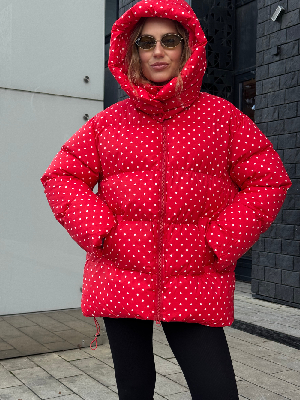 Пуховик Рокет миди красный в горох