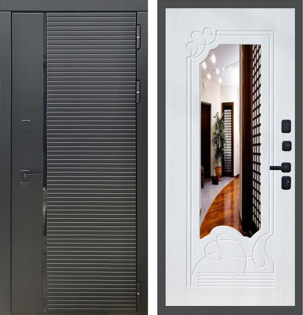 Входная металлическая дверь с зеркалом Рекс 30 Кварц черный / зеркало ФЛЗ-147 Белый ясень ( текстура дерева)