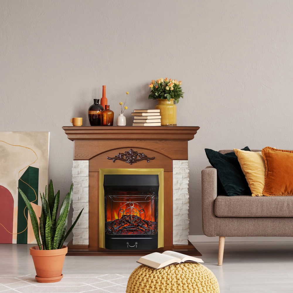 Электрокамин RealFlame Neapolis NT орех с очагом Majestic Lux Brass