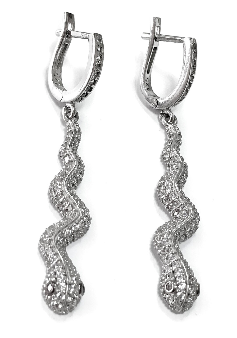 Ювелирные серьги из серебра с фианитами"Змейка"