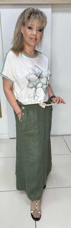 Итальянская льняная юбка с кармашками в оливковом цвете