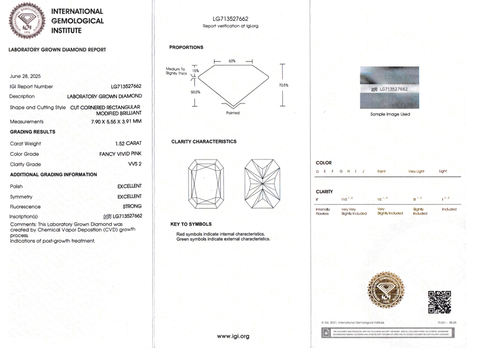 Лабораторно-выращенный бриллиант радиант 7.90 х 5.50 х 3.91 мм FancyVIVID PINK/VVS2 1.52 ct