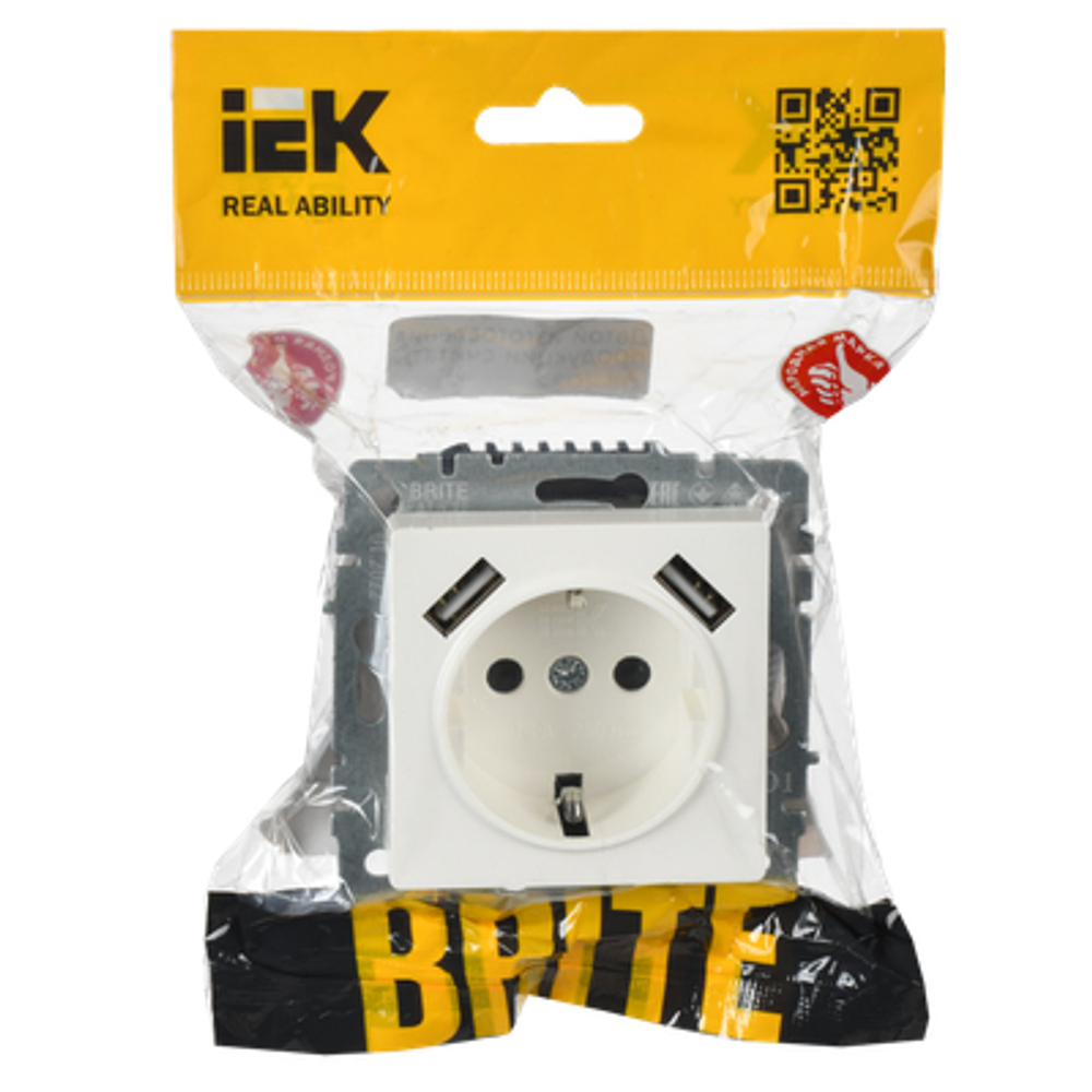 BRITE Розетка 1-местная с заземлением с защитными шторками 16А с USB A+A 5В 2,1А РЮш10-1-БрБ белый IEK