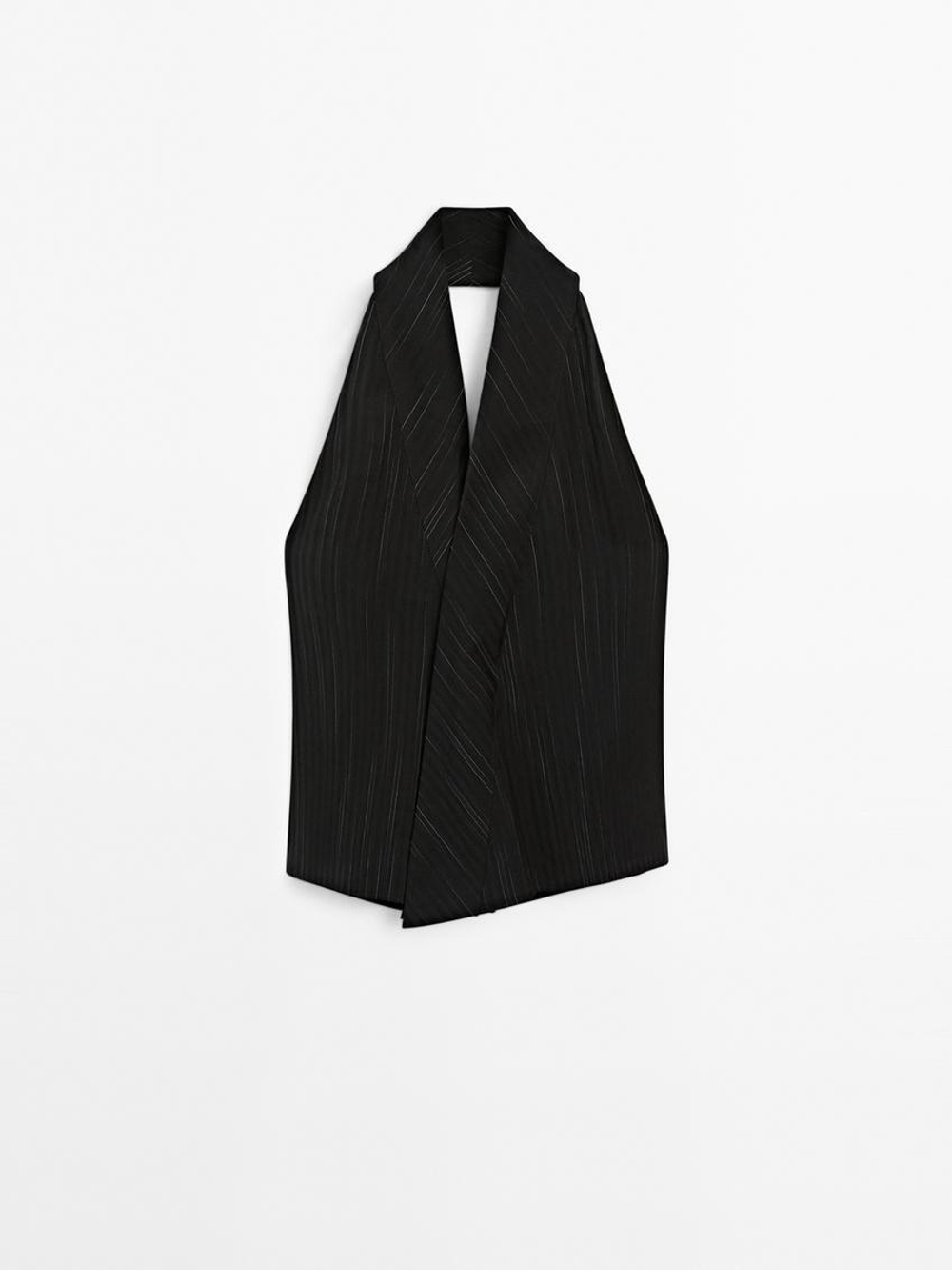 Massimo Dutti Топ с горловиной халтер и принтом в полоску, черный