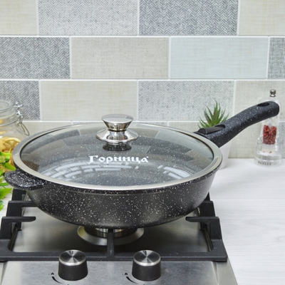Сковорода 30см высота 7,5см Гранит со съемной ручкой и стеклянной крышкой, с3054аг