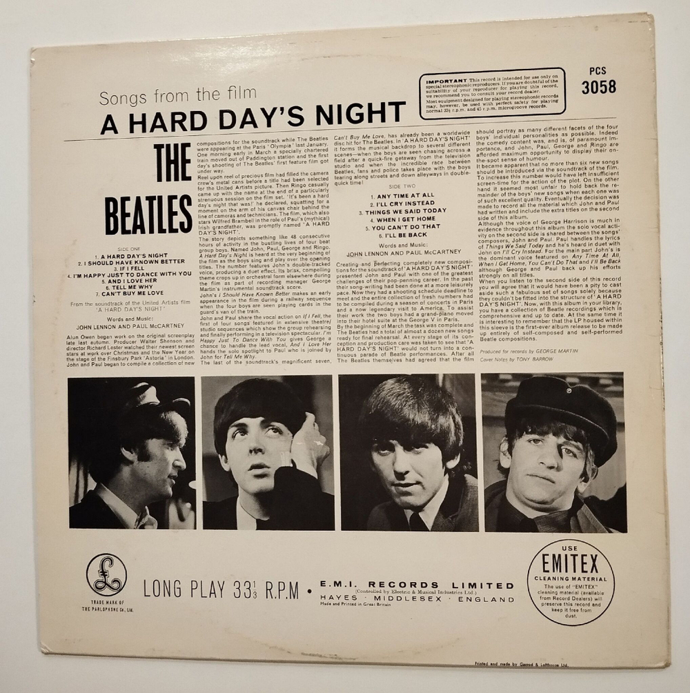 Винтажная виниловая пластинка LP The Beatles A Hard Days Night (UK 1985)