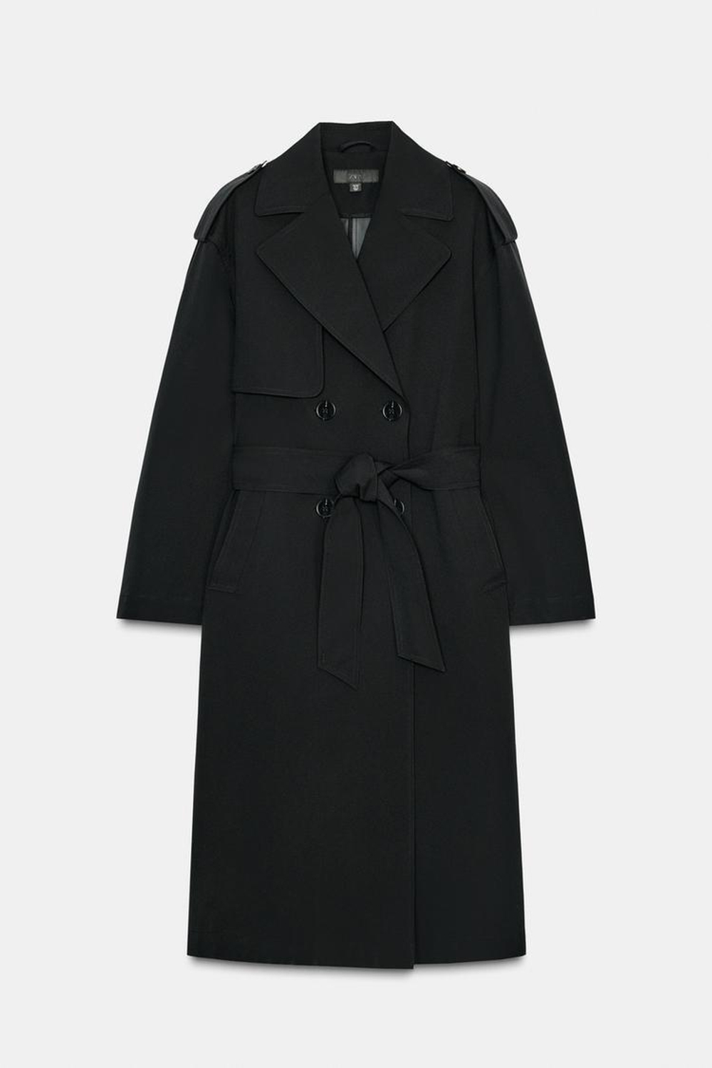 ZARA ДЛИННЫЙ ТРЕНЧ С ПОЯСОМ, ЧЕРНЫЙ