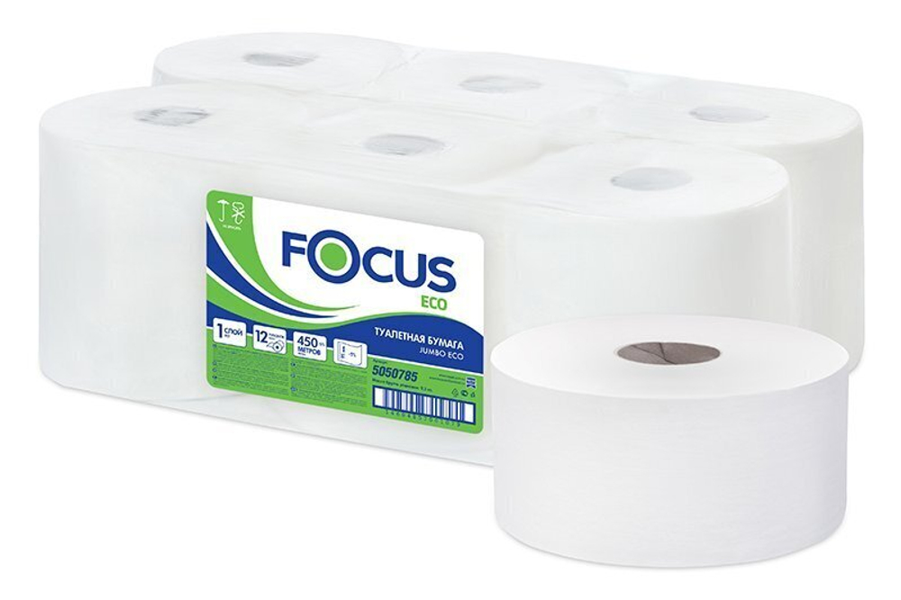 Туалетная бумага однослойная Focus Jumbo Eco, 1-слойная, белая, 450 метров, 12 шт.