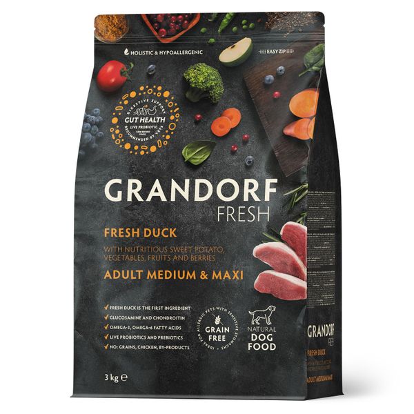 Сухой корм GRANDORF Fresh Dog Adult MED&MAXI Duck&Sweet Potato для собак средних и крупных пород из свежего мяса утки с бататом