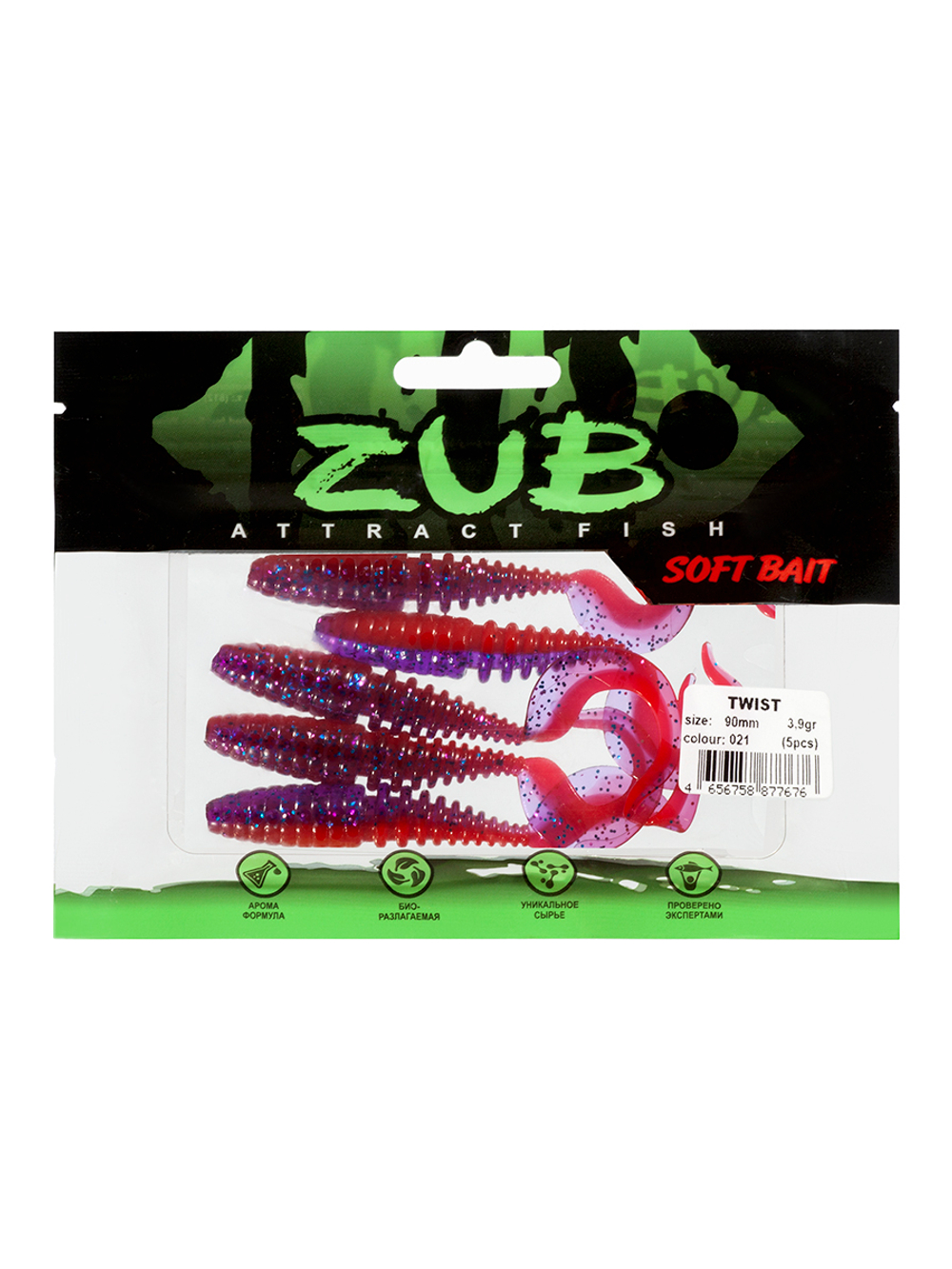 Приманка ZUB-TWIST  90мм(3,5")-5шт, (цвет 021) фиолетовый верх-красный низ