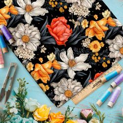 Ткань премиум шифон яркие цветочные акценты на черном