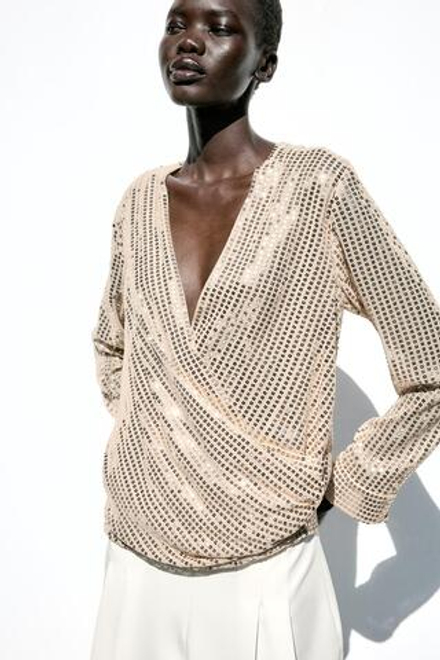 ZARA БЛУЗА С ЗАПÁХОМ И ПАЙЕТКАМИ, ЗОЛОТОЙ