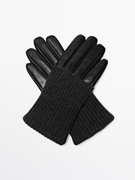 Massimo Dutti Перчатки с контрастной отделкой из кожи наппа и трикотажа, серый
