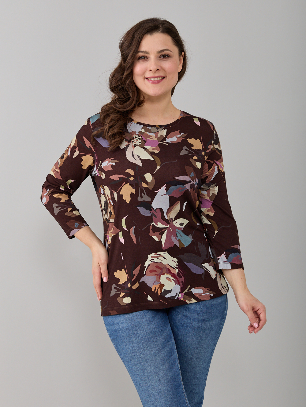 Лонгслив ЛНв-306/коричневый-цветыабстракция