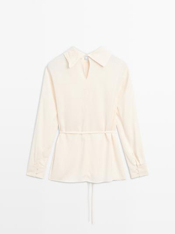 Massimo Dutti Блуза с длинными рукавами и шнурком, натуральный, кремовый