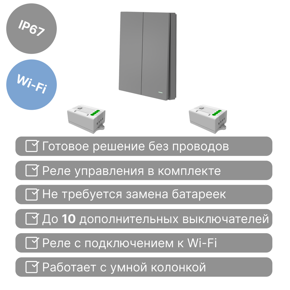 Умный беспроводной выключатель GRITT Evolution 2кл. графит комплект: 1 выкл. IP67, 2 реле 1000Вт 433 + WiFi с управлением со смартфона, EV221220GRWF