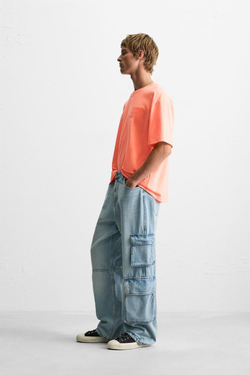 ZARA ФУТБОЛКА С ВЫШИТОЙ НАДПИСЬЮ, НЕОНОВО-ОРАНЖЕВЫЙ