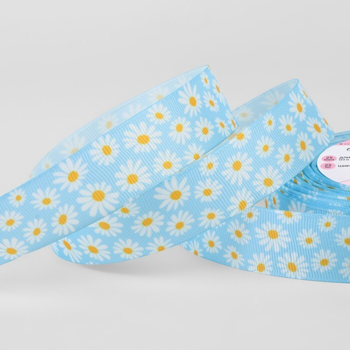 Лента репсовая / 25 мм / цвет: голубой "ромашки"