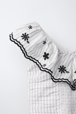 ZARA ТОП В ПОЛОСКУ С ВЫШИВКОЙ, ЧЕРНЫЙ/ЭКРЮ