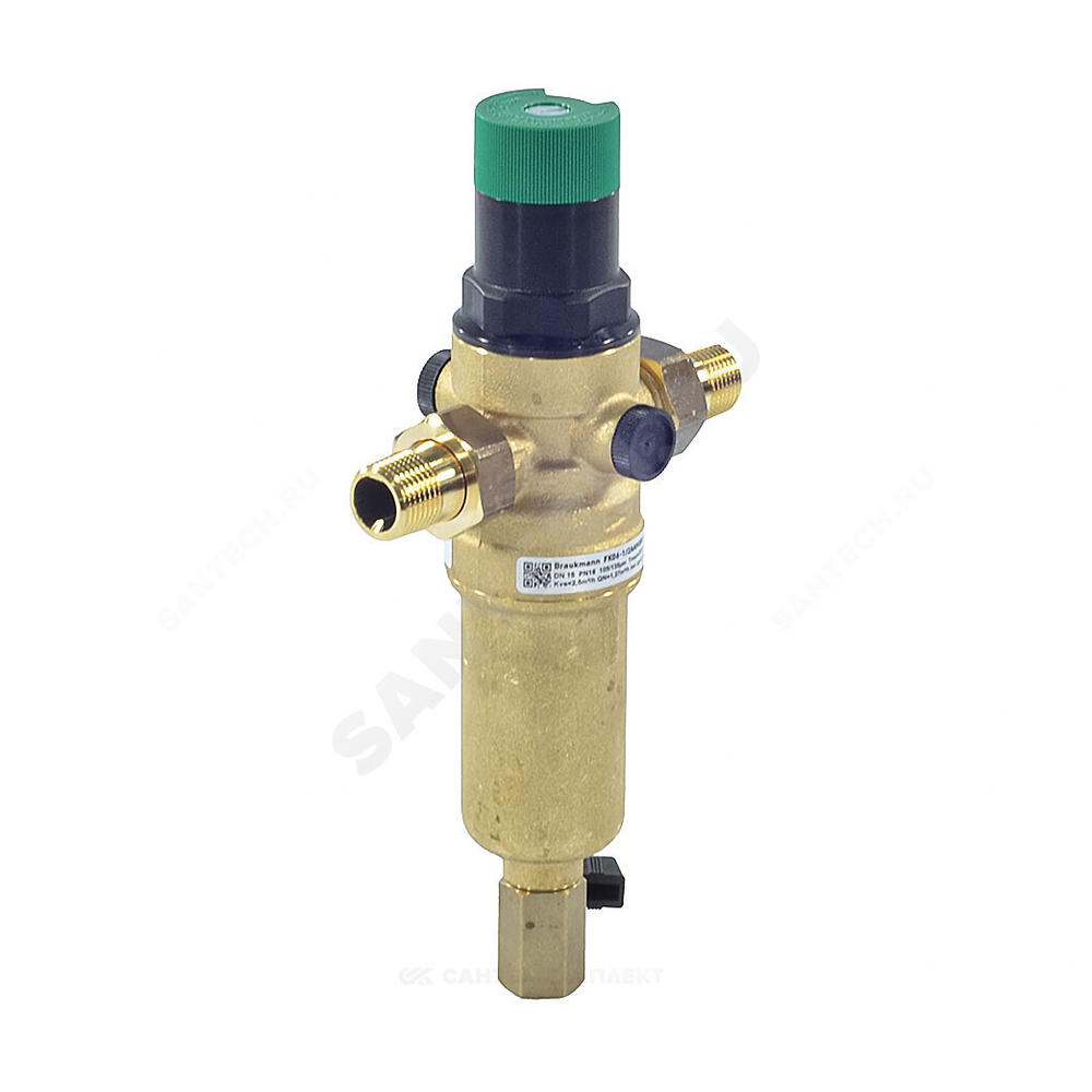 Фильтр сетчатый T-образный латунь Ду 20 Ру25 Тмакс=70 oC G3/4" НР FK06 с выходом под манометр с регулятором давления с краном Honeywell-Braukmann FK06-3/4"AAM