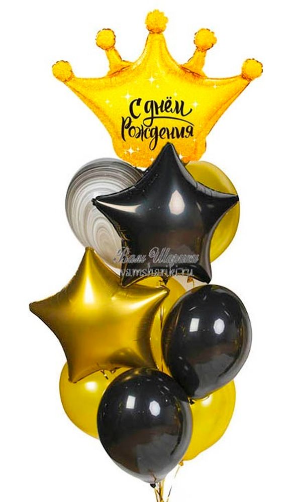 Золотые и черные шарики с гелием с короной на День Рождения