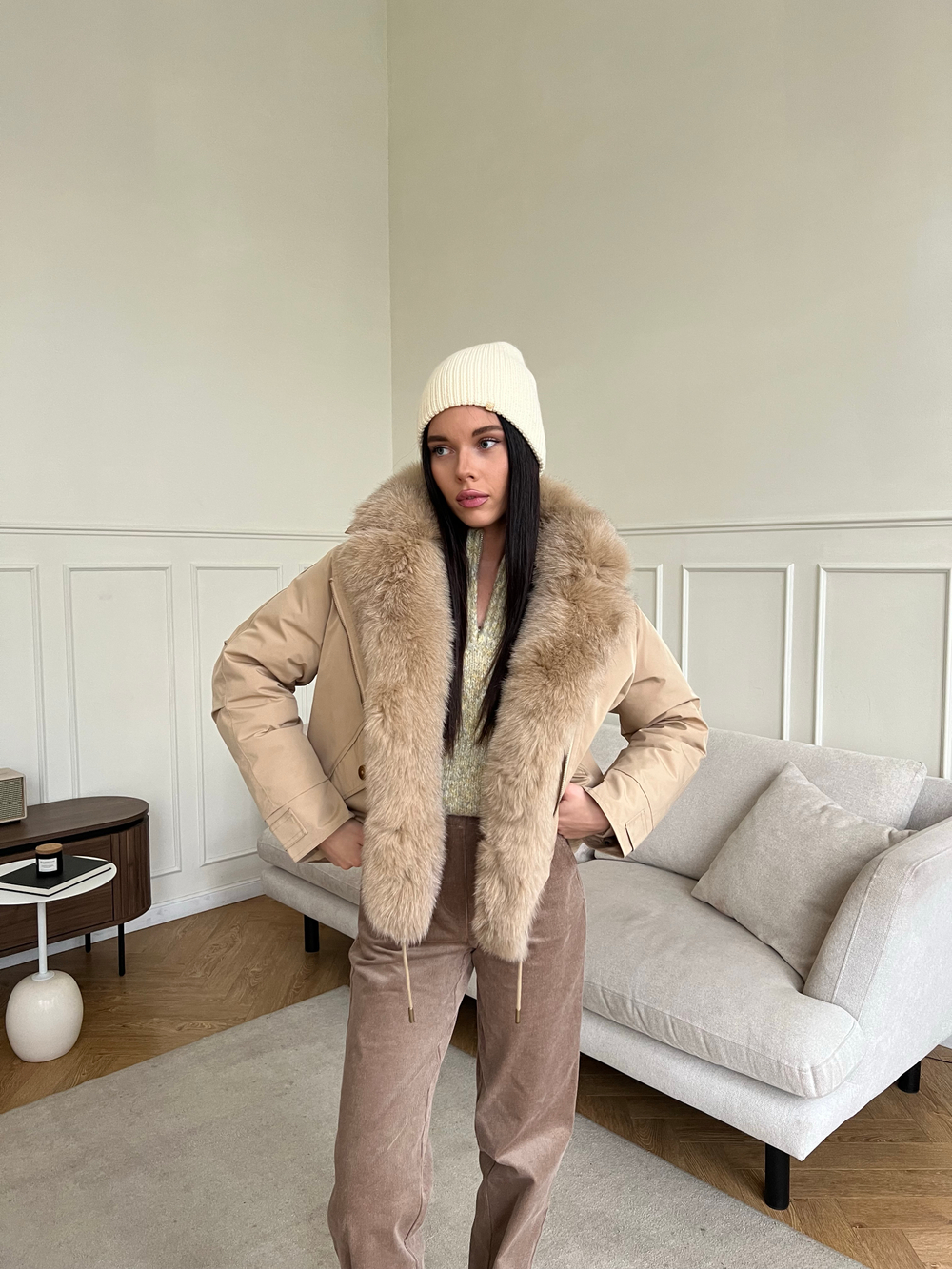 Парка Extra Lux с натуральным мехом бежевый